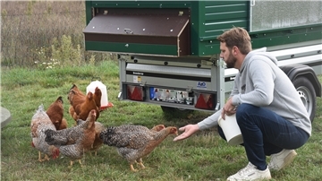 Das Foto zeigt Peter Lühmann mit Hühnern, die ihm aus der Hand fressen.  