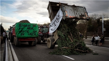 Landwirte kippen Zweige und Äste auf die Fahrbahn, während sie eine Autobahn in der Nähe von Lyon blockieren.