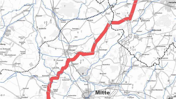 Laut Info der Selsinger Verwaltung derzeit der favorisierte Verlauf für die geplante Energietransportleitung (ETL) 182: die rot markierte West-Trasse durch die Samtgemeinde Selsingen.