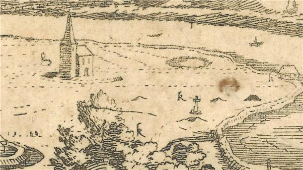 Leher Klus, Fährbude und Marktplatz auf dem Dilich-Stiche von 1605.