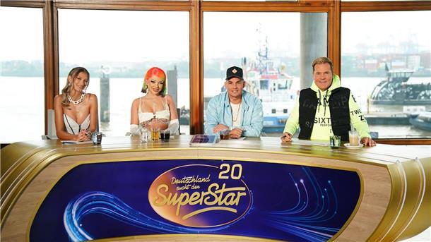 Leony (l-r), Katja Krasavice, Pietro Lombardi und Dieter Bohlen, Jury-Mitglieder der Castingshow „Deutschland sucht den Superstar“.