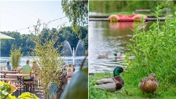 Links der Blick auf den Biergarten am Haus am See im Speckenbüttler Park, rechts der Bootsteich im Bürgerpark.  