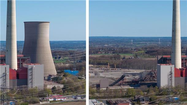 Weg mit dem Kohlekraftwerk Links ist das ehemalige Kohlekraftwerk in Ibbenbüren zu sehen, rechts ist es bereits gesprengt worden.