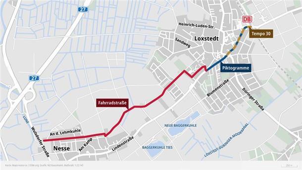 Loxstedts erste Fahrradstraße wird von Nesse nach Loxstedt führen - von der Landesstraße 135/Einmündung Gewürzmühle über „Im Tweyad“ zur Hackenburg- und der Gorch-Fock-Straße und dann in die Bahnhofstraße münden.