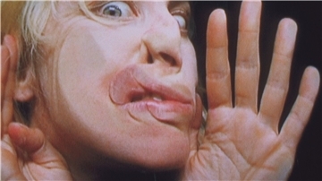 Lustvoll und verspielt presst die Schweizer Künstlerin Pipilotti Rist im Jahr 2000 in „Open My Glade (Flatten)“ ihr mal ungeschminktes, mal geschminktes Gesicht gegen eine Scheibe und erzeugt durch ihre Bewegungen immer neue Deformationen. Fotos: Museum
