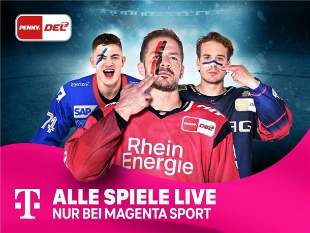 Werbung von MagentaSport: Drei Eishockey Spieler gucken in die Kamera.
