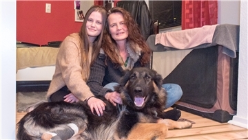 Zwei Frauen streicheln einen Hund.
