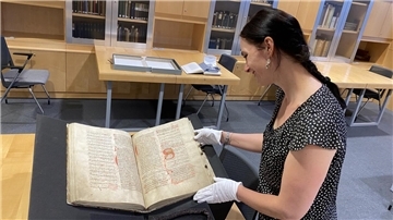 Eine Frau schaut auf ein altes Buch.