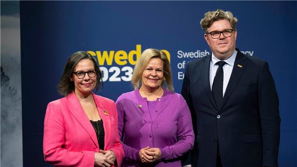 Maria Malmer Stenergard (l.), Nancy Faeser und Gunnar Strommer, Justizminister von Schweden, während des ersten informellen Ministertreffens der schwedischen EU-Ratspräsidentschaft.