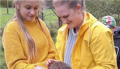 Maria schaut sich den Igel in Birthe Schlichters Hand aus der Nähe an, bevor er in die Freiheit entlassen wird.