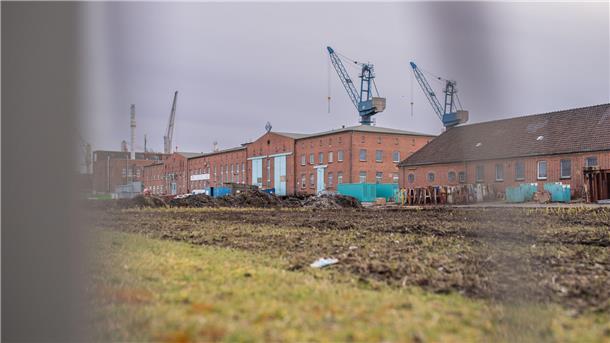 Die schwersten Brocken aus dem Hafen fahren bald in Richtung Innenstadt An einer Grünfläche stehen Hallen.