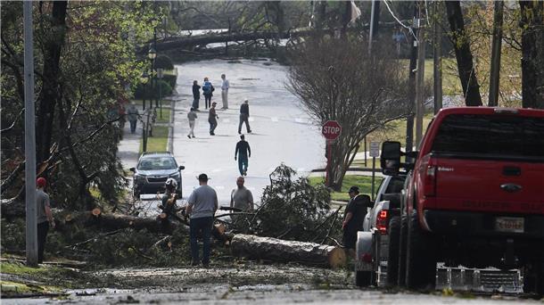 Tornados, Tod und Verwüstung in den USA Menschen arbeiten in Cammack Village (Arkansas) daran, Bäume auf der Straße zu beseitigen, nachdem ein Tornado durch die Gegend gefegt ist.