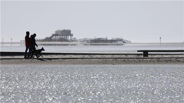 Bilder des Tages Menschen sind bei Sonnenschein und kühlem Wind am Nordseestrand in St. Peter-Ording unterwegs.