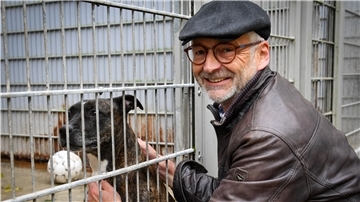 Ein Mann streichelt einen Hund