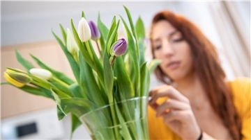 Eine Frau betrachtet einen Tulpenstrauß. 