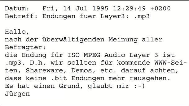 Mit dieser E-Mail wurde 1995 der Name der Dateiendung .mp3 besiegelt.