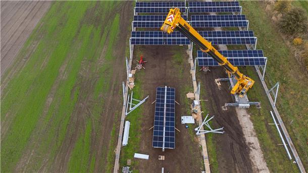 Gravierende Engpässe: Niedersachsen fehlen Fachkräfte Mit einem Kran wird in Lüchow eine Agrar-Photovoltaik-Anlage montiert.
