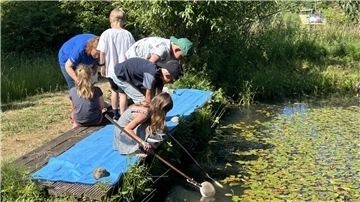 Mit Keschern wurde das Leben im Teich erforscht.