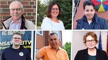 Mögliche Kandidaten für das Amt des Ortsvorstehers von Beverstedt? Harald Sommerfeld (v.l.o.n.r.u.), Daniele Böttjer, Hassan Ashraf, Mathias Wesemann, Ali Efetürk und Daniela Behrens. 