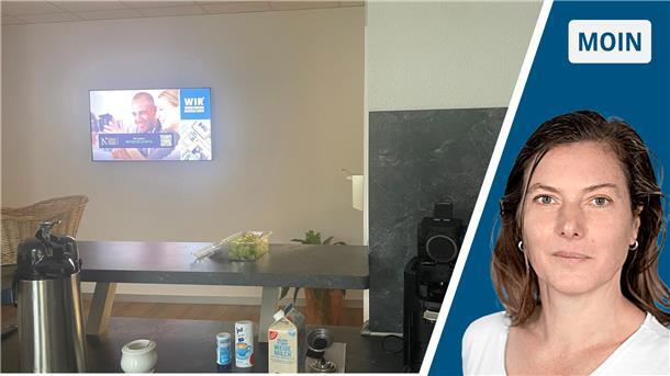 Zweigeteiltes Bild: Links ein Flachbildschirm in einer Küche, rechts ein Porträt einer Frau
