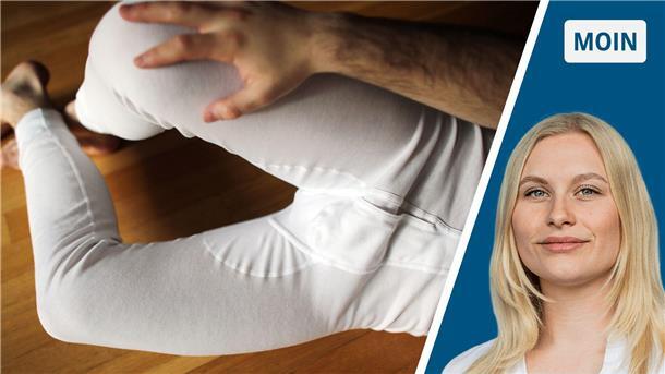 Zweigeteiltes Bild: Links ein männlicher Unterkörper in einer langen Unterhose; rechts junge Frau mit blonden Haaren.