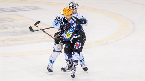 Vor dem Pinguins-Duell in Augsburg: Colt Conrad spricht über sein Comeback Ein Zweikampf im Eishockey. Colt Conrad von den Fischtown Pinguins aus Bremerhaven im Spiel gegen Dresden.