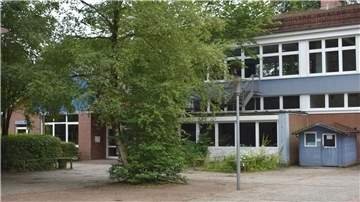Ein Gebäude mit vielen Fenstern, dass von einem Baum verdeckt wird.