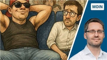 Eine Comic-Zeichnung: Ein Mann sitzt breitbeinig da, der andere ist neben ihm zusammengequetscht. Er schaut entgeistert auf den Mann, der Sonnenbrille, Tanktop und Cap trägt.