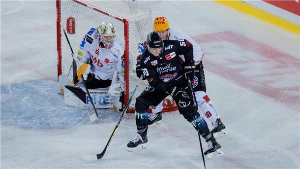 Nicholas Jensen hält Kölns Alexander Oberlinger (vorne) vom Pinguins-Tor mit Maximilian Franzreb weg.
