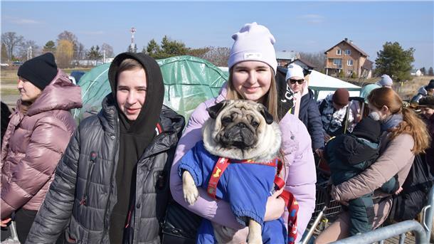 Nicht ohne meinen Hund: Diese zwei ukrainischen Jugendlichen wollten ihren Mops nicht in der kriegszerrütteten Heimat zurücklassen.