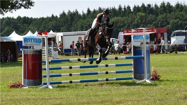 Eine Reiterin springt auf ihrem Pferd über ein Hindernis auf einem Reitplatz.