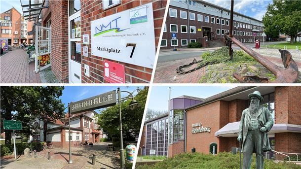 Collage aus vier Bildern, die ein Schild von Nordenham Marketing & Touristik, das Nordenhamer Rathaus, die Jahnhalle und die Stadthalle Friedeburg zeigt. 