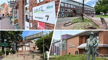 Collage aus vier Bildern, die ein Schild von Nordenham Marketing & Touristik, das Nordenhamer Rathaus, die Jahnhalle und die Stadthalle Friedeburg zeigt. 
