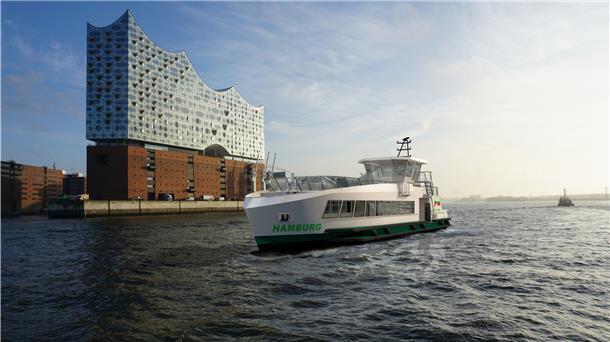 Noch Visualisierung, voraussichtlich ab 2022 Wirklichkeit: Die geplante Wasserstofffähre der Hadag auf der Elbe vor der Elbphilharmonie.
