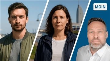 Eine Bild-Kombi - zwei Herren (links und rechts), eine Frau in der Mitte. Eine Glosse, genannt "Moin".