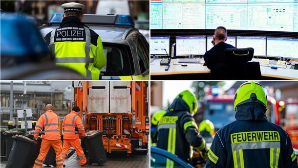 Ob Polizei (oben links), die Kraftwerksleitzentrale (oben rechts), Müllabfuhr (unten links) oder die Feuerwehr: Sie alle werden gebraucht. Ein massiver Personalausfall durch Omikron wäre schwierig zu kompensieren.