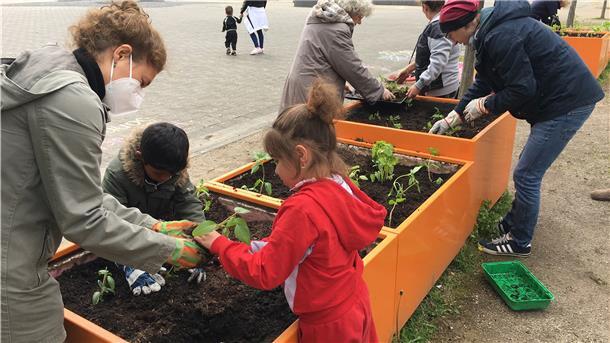 Neustart auf dem Pausenhof Pflanzaktion auf dem Pausenhof (von links): Nora Wieczorek (Quartiersmeisterei Lehe), Alva Scharz (Wohnprojekt Lutherstraße), Lars Graß (Projekt Rückenwind für Leher Kinder), (hinten) Renate Gosdschan (Wohnprojekt Lutherstraße) sowie helfende Anwohnerinnen und Kinder.