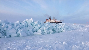 Forschungsschiff "Polarstern" hinter Presseisrücken