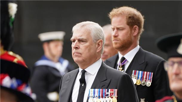 Prinz Andrew (l) und Prinz Harry (dahinter) beim Trauergottesdienst für Königin Elizabeth II. in der Westminster Abbey.