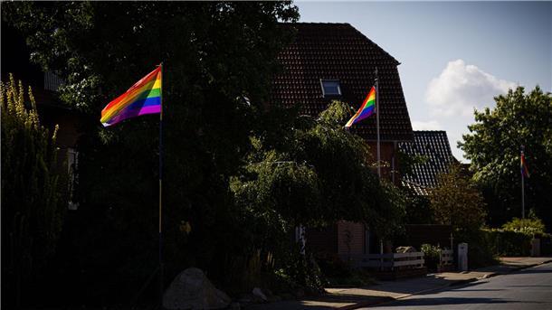 Regenbogenfahnen wehen in einer Straße in Wahrenholz.