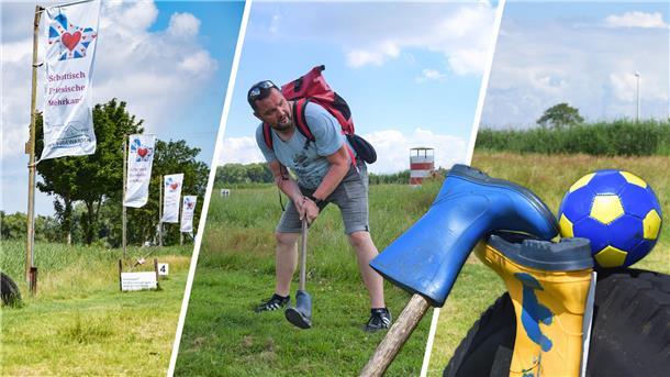 Schafe, Schläger und Spaß: Ein Tag beim Friesengolf auf Hof Iggewarden Flaggen, Spieler und ein Reifen werden als Collage gezeigt.