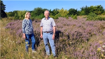 Eine Frau und ein Mann stehen auf einer blühenden Heidefläche im Kulturlandschaftsgarten Geestenseth. Um sie herum wachsen lilafarbene Heidepflanzen und Wildblumen, im Hintergrund sind Büsche und Bäume zu sehen.