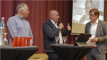 Rolf Hahn (von links), Logistikunternehmer Stefan Weigand und der Moderator und MIT-Vorsitzende Gerhard Hoffmann.
