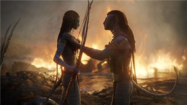 Sam Worthington als Jake Sully und Zoe Saldana als Neytiri in einer Szene des Films „Avatar 2: The Way Of Water“.