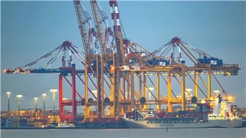 Schiffe liegen am Container-Terminal Bremerhaven.