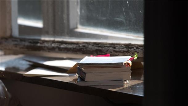 Diskriminierende Inhalte in Schulbüchern? Verlage reagieren Schulbücher liegen auf einer Fensterbank.