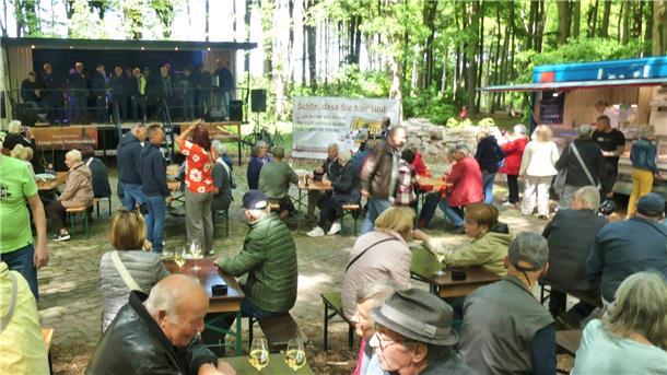 Menschen sitzen und stehen bei sonnigem Wetter im Park Friedrichsruh auf Bierbänken vor einer Bühne, auf der der Shantychor „Jungs vom Nordseedeich“ auftritt; im Hintergrund ein Imbisswagen und Waldkulisse.