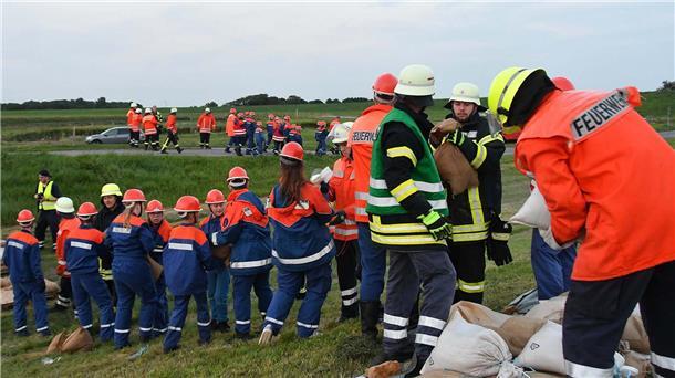 Seit 40 Jahren hat die Feuerwehr Cappel auch eine Jugendwehr. Klar, dass die Mädchen und Jungen beim Training - hier gemeinsam mit anderen Jugendfeuerwehren beim Sandsackschleppen am Deich - mit anpacken.
