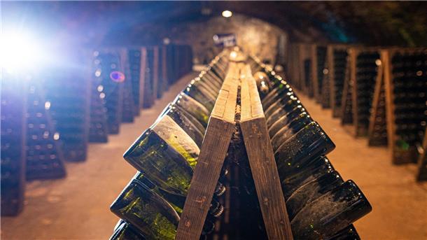 Hoch das Glas! Hochbetrieb bei Sekthersteller vor Silvester Sektflaschen lagern in einem Gewölbekeller unter Schloss Landestrost in der Region Hannover.