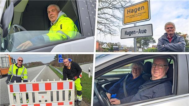 Sie alle waren von der A27-Sperrung betroffen: Lkw-Fahrer Robert Effenberger (v.l.), Anwohner Siegfried Brandt, Bauarbeiter Hartmut Altrogge (l.) und Patrick Kopaß sowie Urlauber Eberhard Berger mit seiner Ehefrau. 